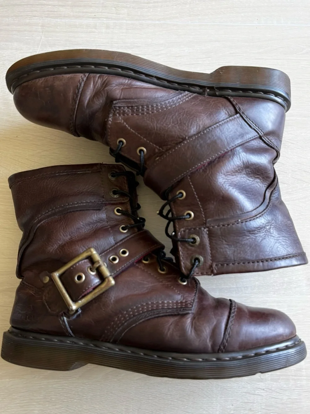 Dr. Martens Brown Leather Buckle Lace-Up Combat Boots Moto Biker Plaid M10/W11